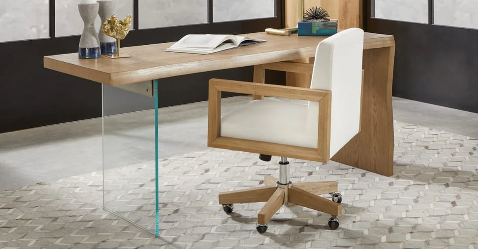 One Wood Frame Home Office Chair in Solid Wood and White Canvas