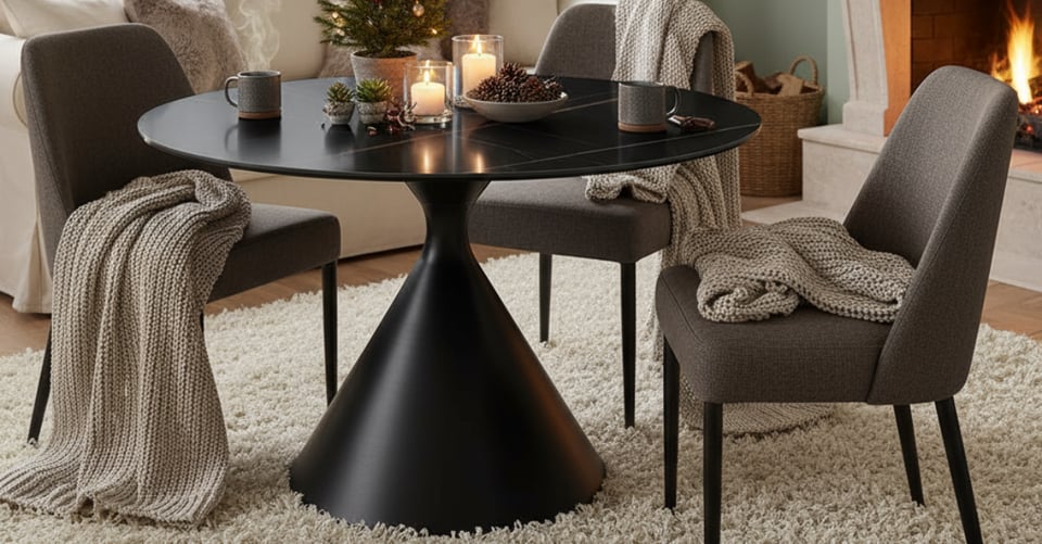 Winston Stone Top Metal Base Round Dining Table in Black